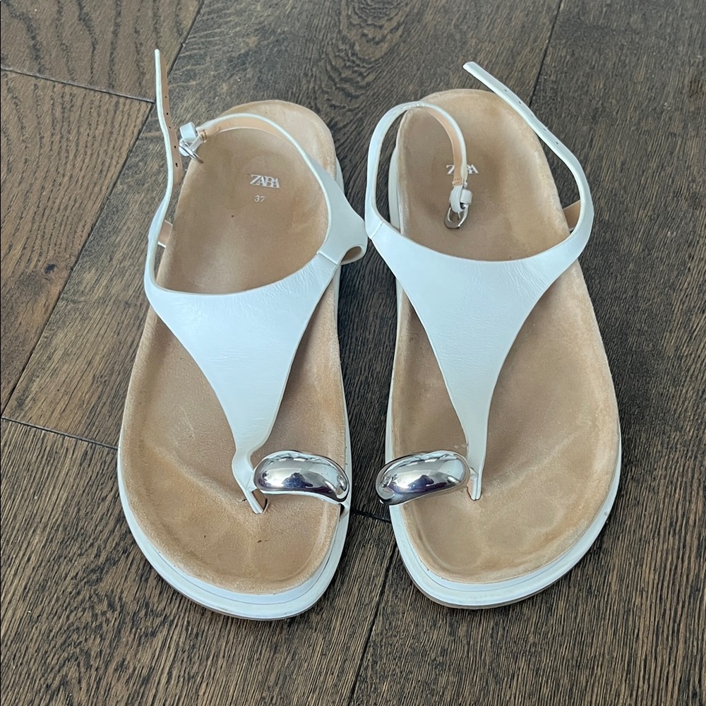 Zara White Leather T-Strap Slingback Sandals with Silver Toe Accent
